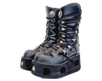 EU 45 / UK 10.5 New Rock Boots - Black Leather + Silver Metal Asymmetrical Lace Up Design Neptuno Platforms