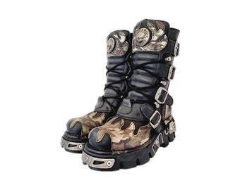 New Rock Boots - Camo and Black Leather Buckled Design