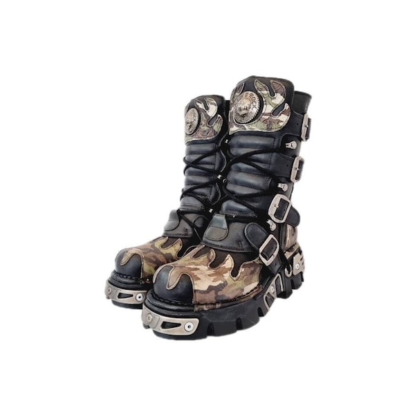 New Rock Boots - Camo and Black Leather Buckled Design