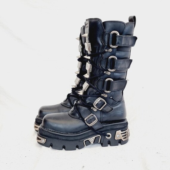 EU 41 UK 7.5 Black Vintage Leather Velcro Buckled Studded New Rock Boots Etsy Canada