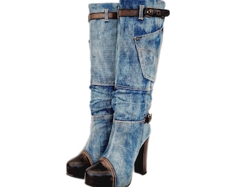 EU 38 / UK 5 El Dantes Dunkelblau Denim Seltene Vintage 90er Jahre Y2K Seltene Abgerundete Spitze Kniehohe Blockabsatz Stiefel