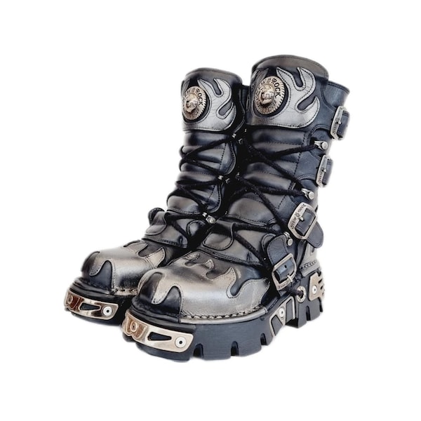 EU 36 / UK 3 New Rock Boots - Black and Silver Leather Buckled Flame Design