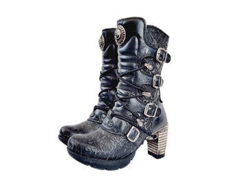 EU 37 New Rock Boots - Black Grey Buckled Leather Devil Demon Skull Paisley Design Heels