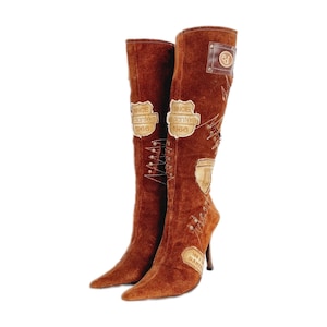 EU 38 / UK 5 El Dantes daim marron denim patchwork appliques Rare vintage des années 90 ans année 2000 bottes à bout pointu stiletto