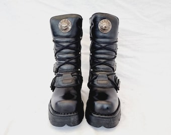 EU 36 New Rock Boots - Black Buckled Leather Design With EU 36 New Rock Boots - Black Buckled Leather Design With