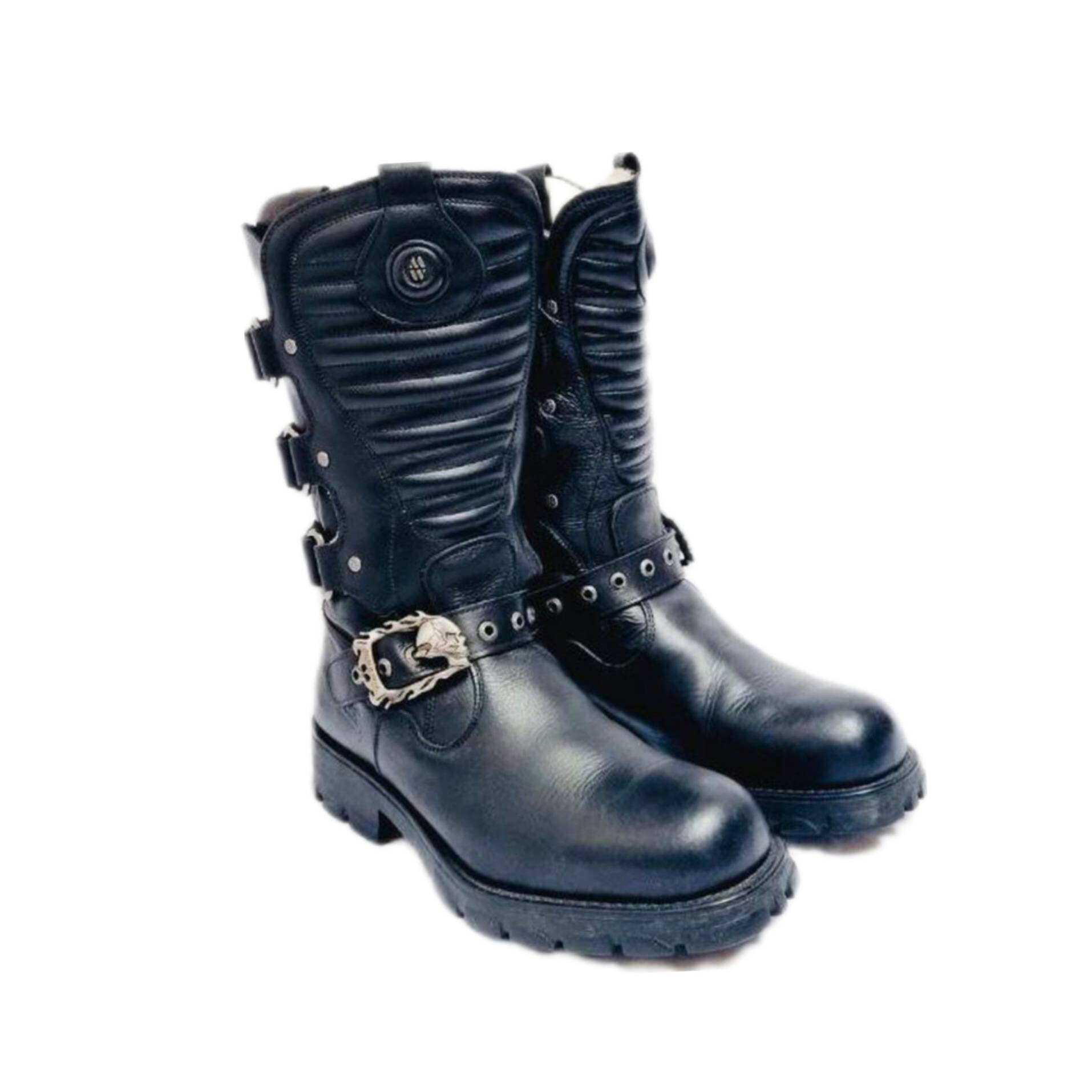 EU 43 Black Leather Skull Buckle Biker New Rock Boots - Etsy