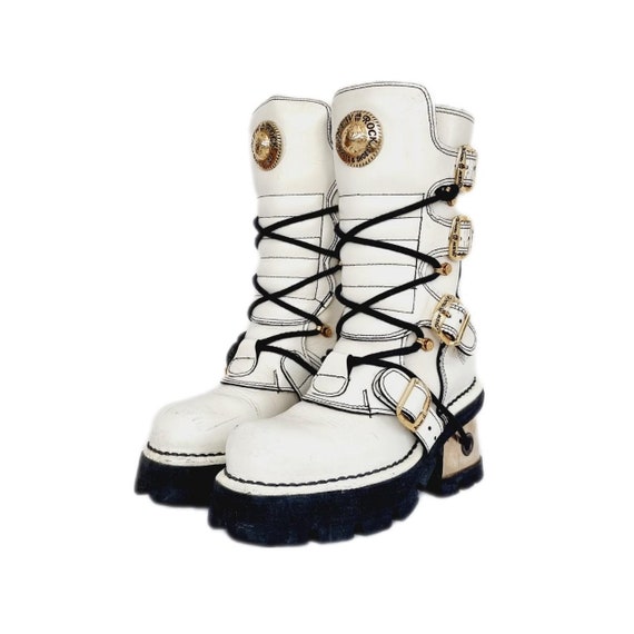 EU 37 / UK 4 White Leather New Rock Boots Kawaii … - image 1