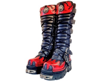 EU 40 / UK 7 Knee High New Rock Boots - Black and Red Flame Design