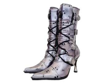 EU 36 / UK 3 Dusty Lilac Grey Black Leather New Rock Heeled Boots - Rare Skull Pattern Malicia Design New Rocks