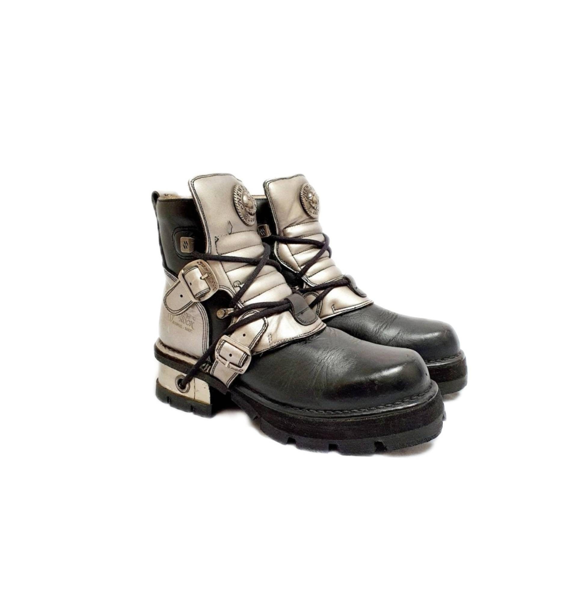 EU 42 Black Silver New Rock Boots Cyber Punk Goth Leather EU 42 Black Silver New Rock Boots Cyber Punk Goth Leather