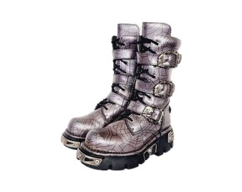 EU 40 / UK 7 New Rock Boots Lilac Purple & Grey Silver Spider Cobweb Skull Buckle Straps Goth Punk Grunge Combat Biker Chunky Shoes