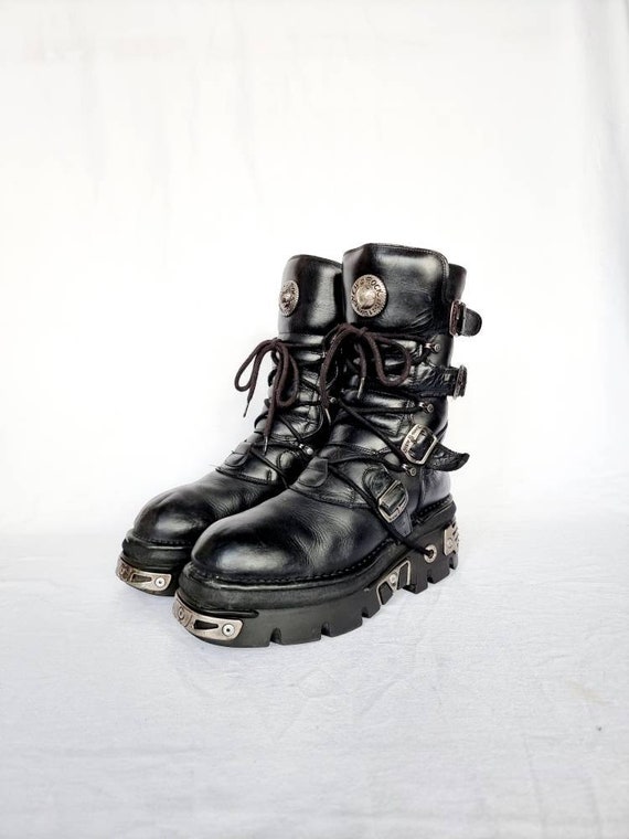 Eu 45 Black Leather Metal New Rock Boots - Etsy