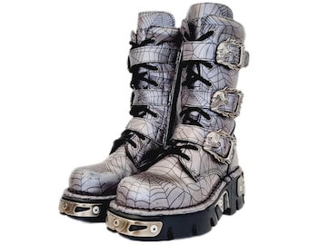 EU 37 / UK 4 New Rock Boots Black & Silver Spider Cobweb Skull Buckle Straps Goth Punk Grunge Combat Biker Chunky Shoes