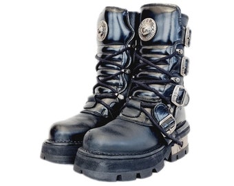 EU 36 / UK 3 New Rock Boots - Black Buckled Leather Design with Small Chunky Metal Heels