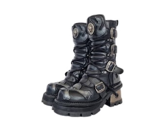 EU 39 / UK 6 New Rock Boots - Black Grey Buckled Leather Devil Demon Skull Flame Design
