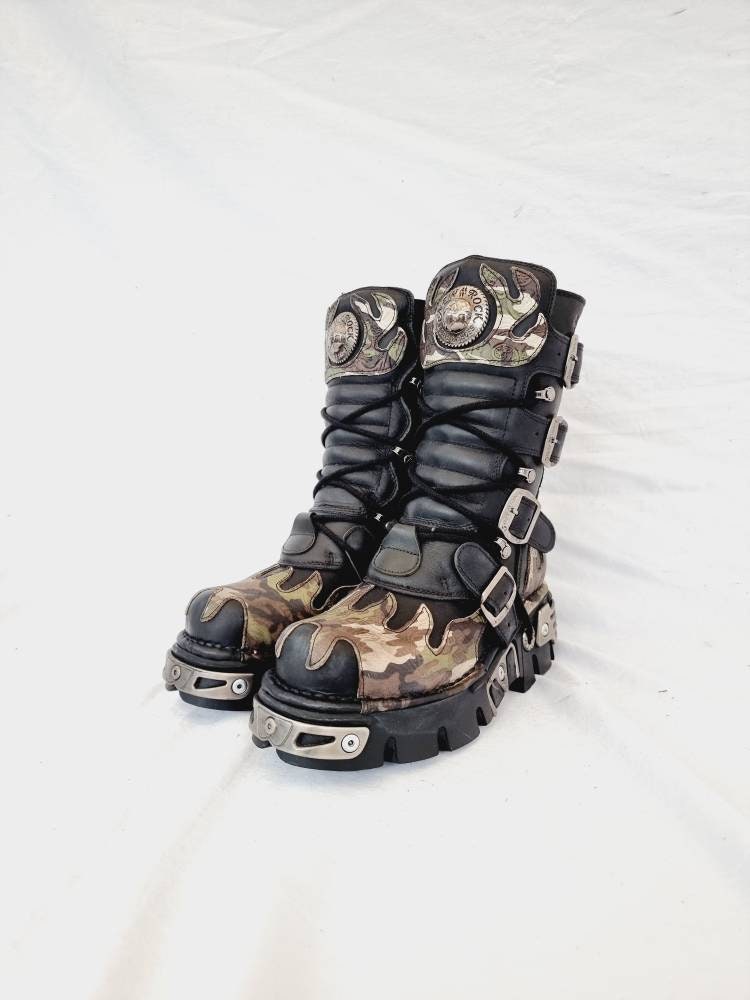 New Rock Boots - Camo and Black Leather Buckled Design - Etsy