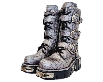 EU 37 / UK 4 Botas New Rock Negro y Morado Plata Araña Telaraña Calavera Correas con hebilla Goth Punk Grunge Combat Biker Zapatos gruesos