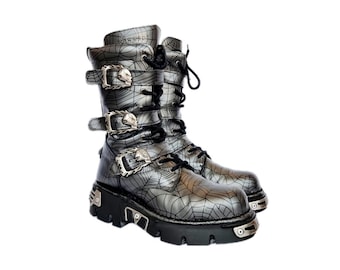 EU 46 / UK 11.5 New Rock Boots Grey Silver Spider Cobweb Skull Buckle Straps Goth Punk Grunge Combat Biker Chunky Shoes