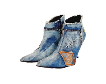 EU 39 / UK 6 El Dantes Hellblauer Denim Seltene Vintage 90er Jahre Y2K Spitze Patchwork Knöchelhohe Stiletto-Stiefel