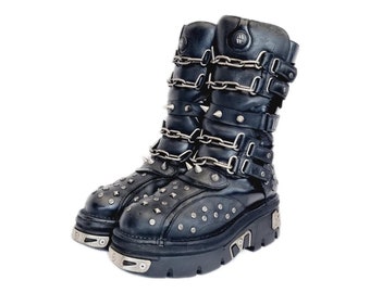 EU 45 / UK 10.5 Spiked Studded Metal Chain New Rock Boots Chunky Platforms Cyber Punk Grunge Glam Goth Cosplay Emo Y2K Shoes