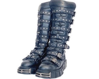 EU 43 / UK 9 Spiked Studded Metal Buckled Knee High New Rock Boots Chunky Platforms Cyber Punk Grunge Glam Goth Cosplay Emo Y2K Shoes