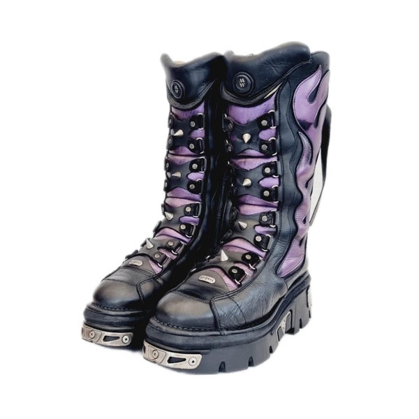 EU 46 / UK 11 Discontinued Purple and Black Flame and Stud Design Boots