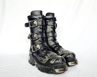 New Rock Leather Boots Lace up Shoes Retro Style Skull Buckle Design Black 