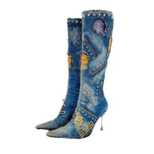 EU 39 / UK 6 El Dantes denim bleu clair Rare vintage des années 90 Y2K bottes à talons aiguilles patchwork genou