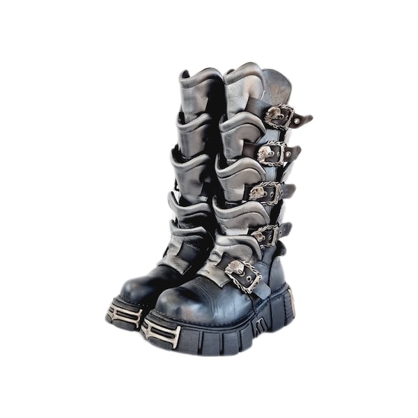 EU 42 / UK 8 New Rock Boots Skull Metal Details Black Silver Leather Punk Glam Goth Grunge Alternative Cyber Cosplay Costume