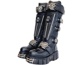 EU 41 / UK 7.5 Knee High Metal Reactor New Rock Boots with Buckles, Flame Fire Details and Platform Soles - Goth Punk Cyber