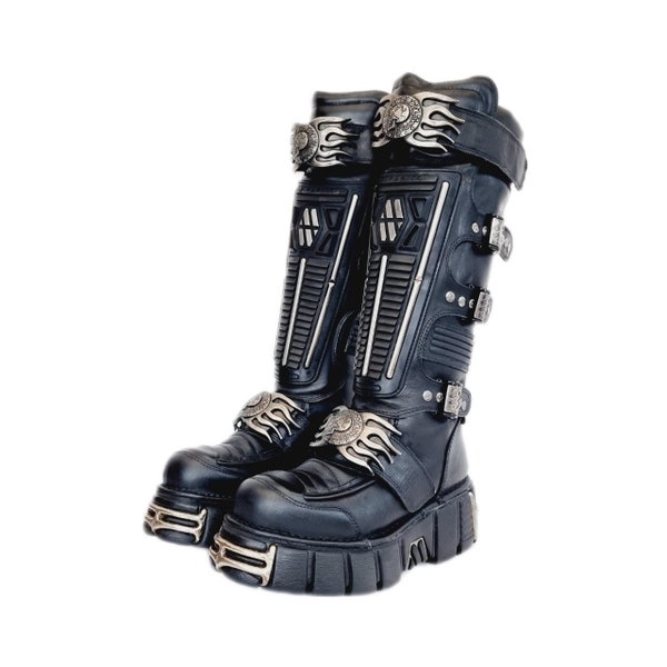 EU 41 / UK 7.5 Knee High Metal Reactor New Rock Boots with Buckles, Flame Fire Details and Platform Soles - Goth Punk Cyber