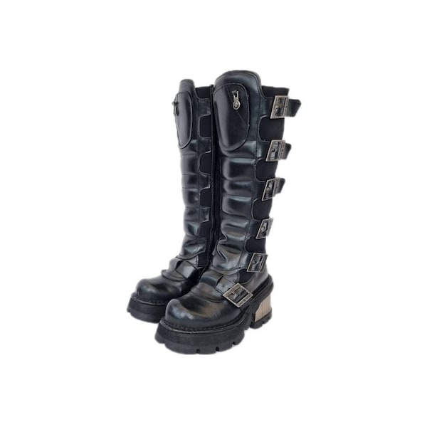 EU 36 / UK 3 Discontinued Rare Knee High New Rock Boots with Silver Wedge Heels and Buckled Straps - Dieselpunk Cyber Goth Heeled Boots