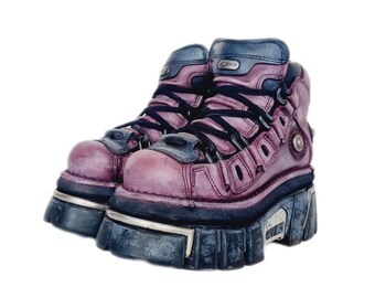 EU 37 / UK 4 Vintage Post Apocalyptic Grunge Purple New Rock Ankle Boots with Platform Soles