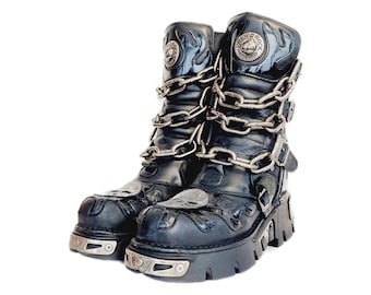 EU 44 / UK 10 New Rock Boots - Black Grey Buckled Leather Devil Demon Skull Flame Design with Chains
