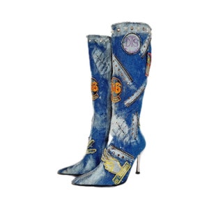 EU 37 / UK 4 El Dantes denim bleu clair Rare vintage des années 90 Y2K bout pointu patchwork bottes à talons aiguilles