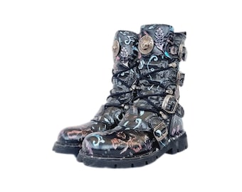 Eu 38 / Uk 5 Rare Vintage Paisley Embossed Pink Purple Blue New Rock Boots - Cottagecore Fairycore Goblincore Boots