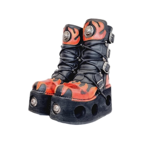 EU 37 / UK 4 New Rock Boots - Black and Red Flame… - image 1