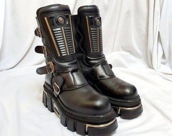 Eu 44 Black Leather Industrial Rivethead Steampunk New Rock Boots