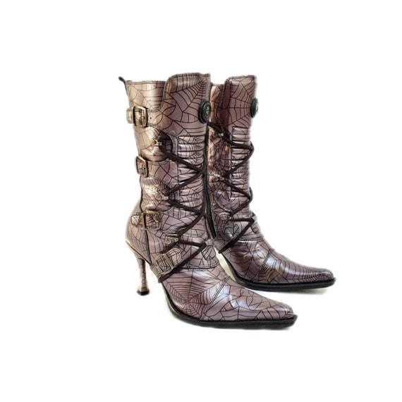 EU 40 Dusty Lilac Silver Grey Black Leather New Rock Heeled Boots