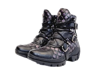 EU 37 / UK 4 New Rock Boots - Black Purple Dragon Scale Lace Up Buckled Leather Ankle Boots