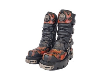 EU 36 / UK 3 New Rock Boots - Black Red Buckled Leather Devil Demon Skull Flame Design