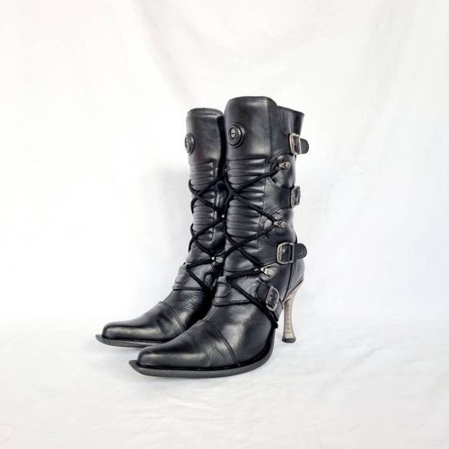 EU 40 New Rock Black Leather Stiletto Heeled Boots
