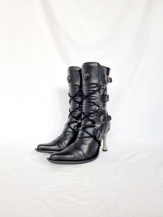 EU 40 New Rock Black Leather Stiletto Heeled Boots