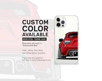 May include: A clear phone case with a red rear GT86 car illustration. The case is customizable with a choice of white, red, black, or yellow. "Drop color you want in "Personalize Box" is written on the case.