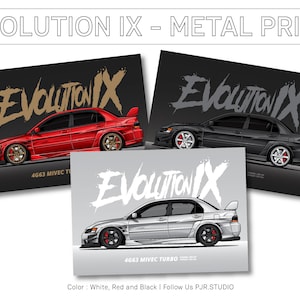 Könnte beinhalten: Drei Metalldrucke eines silbernen, roten und schwarzen Mitsubishi Lancer Evolution IX. Jeder Druck zeigt das Seitenprofil des Autos mit dem Text "Evolution IX" und "4G63 MIVEC TURBO" unten. Der Text "Color: White, Red and Black | Follow Us PJR.STUDIO" befindet sich unten im Bild.