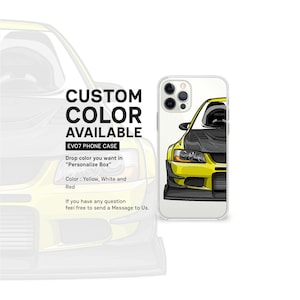 May include: A clear phone case with a yellow and black illustration of a Mitsubishi Lancer Evolution VII. The text "CUSTOM COLOR AVAILABLE EVO7 PHONE CASE" is at the top of the image. The text "Drop color you want in "Personalize Box" Color: Yellow, White and Red" is below the image. The text "If you have any question feel free to send a Message to Us." is at the bottom of the image.