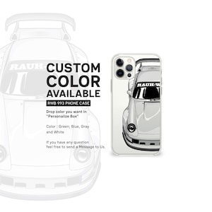 Puede incluir: Una funda de teléfono blanca con un diseño personalizado de un Porsche 993 blanco con el texto "RAUH-W" en la parte posterior. La funda está disponible en una variedad de colores, incluidos verde, azul, gris y blanco.