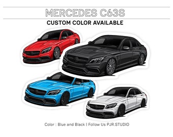 May include: A digital illustration of a Mercedes C63S in four different colors: red, black, blue, and white. The text "MERCEDES C63S CUSTOM COLOR AVAILABLE" is at the top of the image. The text "Color: Blue and Black | Follow Us PJR.STUDIO" is at the bottom of the image.