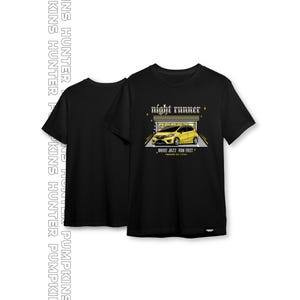 May include: Black t-shirt with a yellow car graphic and the text "night runner" in a stylized font. The text "DRIVE JAZZ RUN FAST" is below the car graphic.