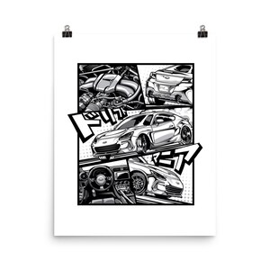 Op de afbeelding: Zwart-witte illustratie van een auto in een stripboek stijl. De auto wordt getoond in verschillende hoeken, waaronder de motor, het interieur en het exterieur. De tekst "ドリフト" is geschreven in Japanse karakters.